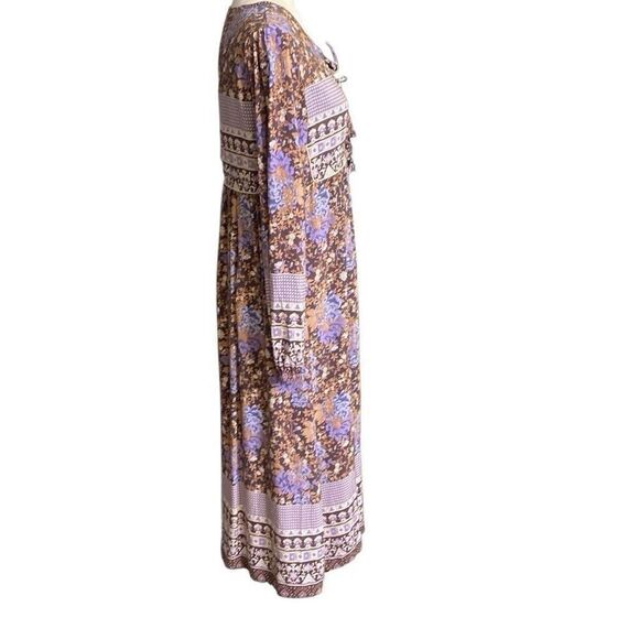 R Vivimos Dress Brown Purple Floral Boho Peasant Bead Tie Rayon Midi Size Small - Picture 4 of 7